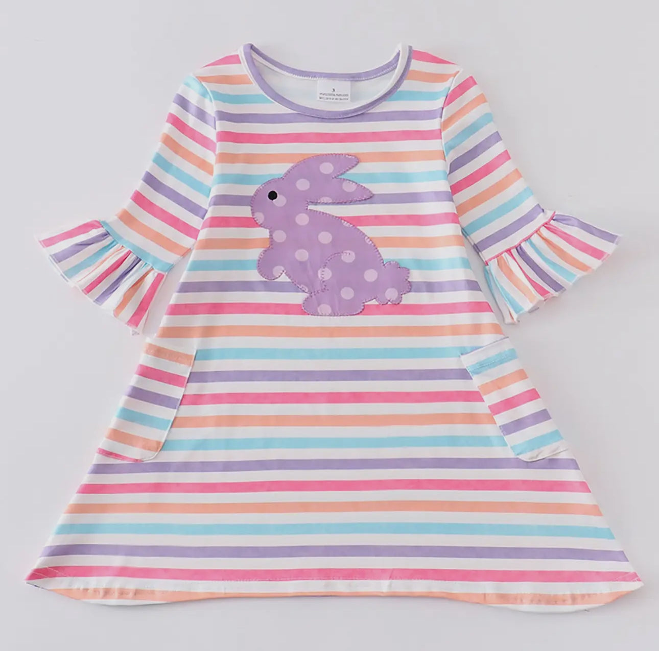 Colored Stripe Rabbit Applique Girl Dress