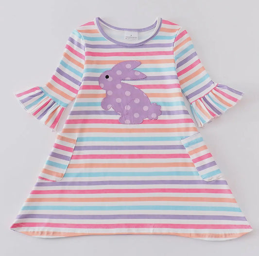 Colored Stripe Rabbit Applique Girl Dress