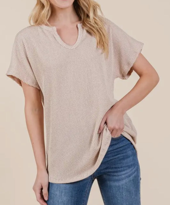 Notched Neckline Ribbed Shirt