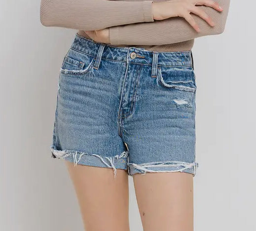 High Rise Cuffed Denim Shorts