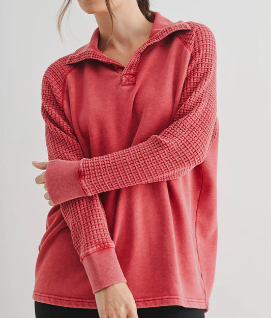 Garnet Red Waffle Knit Henley