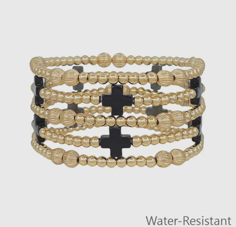 Water Resistant Gold Textured Beaded & Black Cross Set of 5 Bracelets