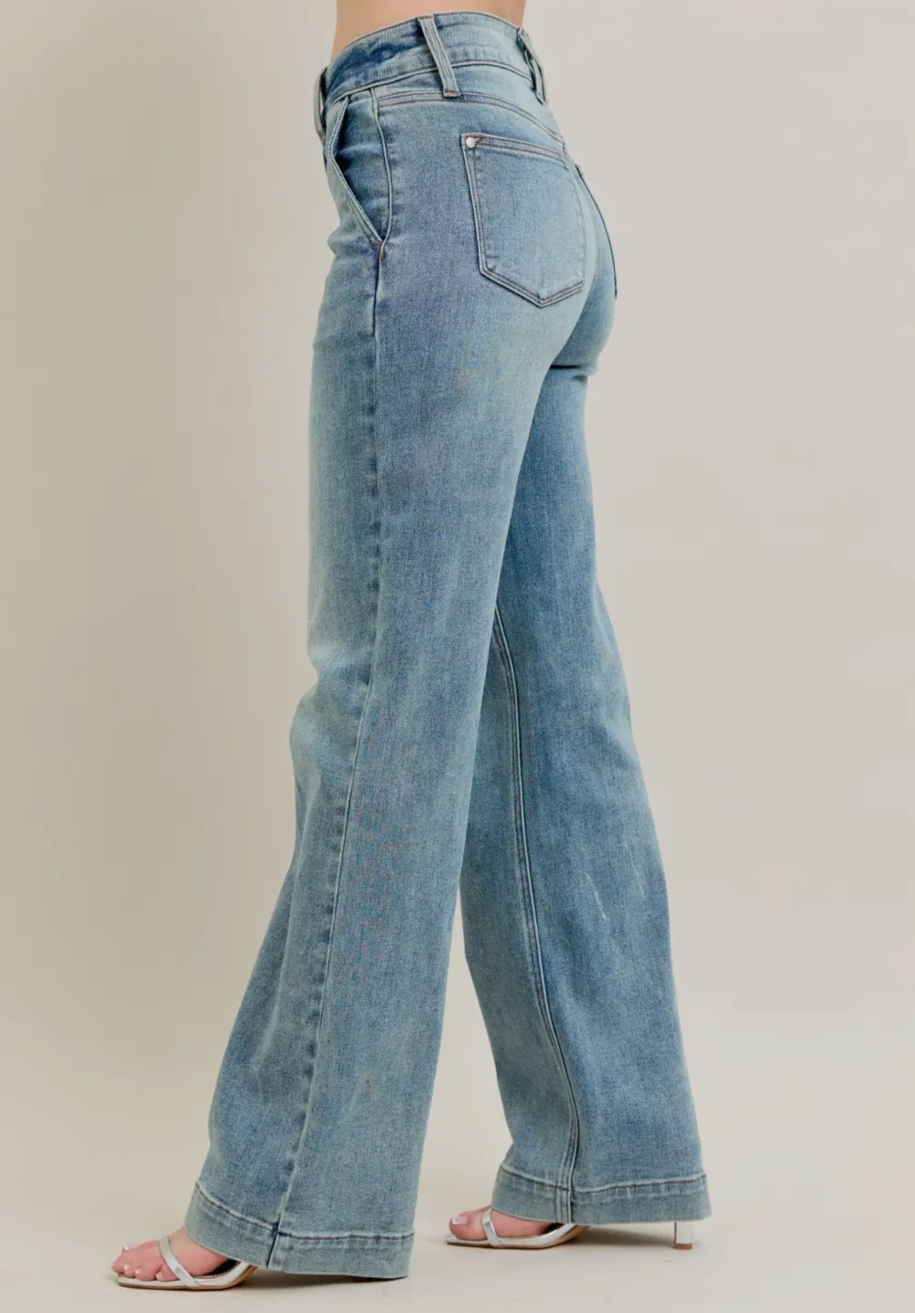 High Waisted Double Button Wide Leg Jeans