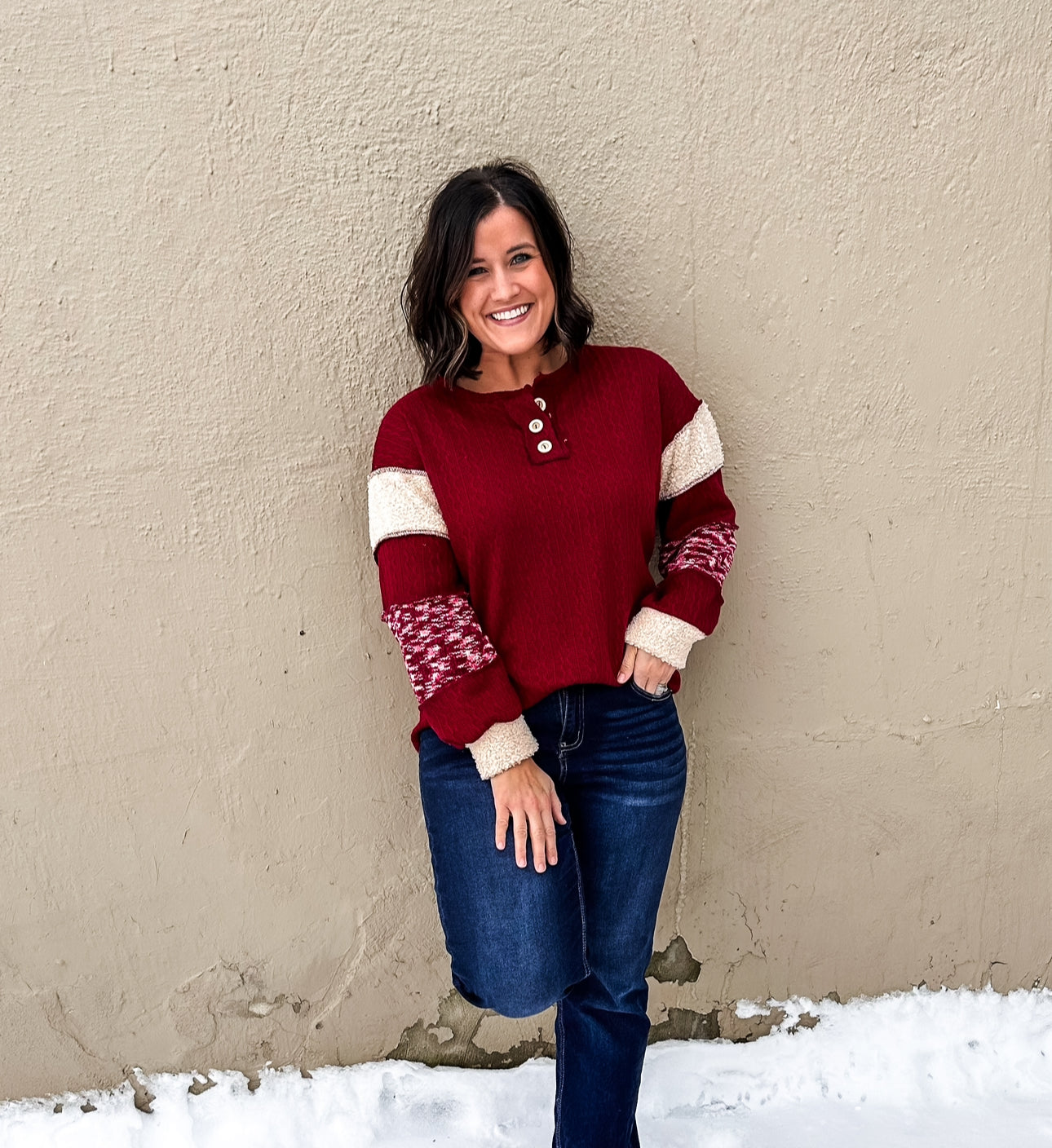 Burgundy Top Featuring Faux Fur and Multi Color Arm Patch