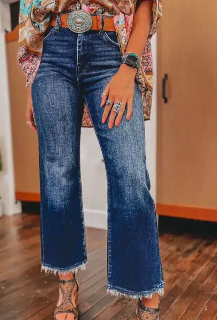 Dark Blue Raw Hem Flared Jeans