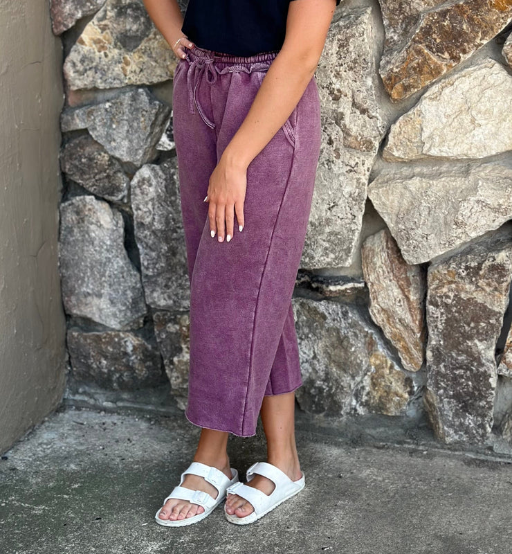 Eggplant Acid Wash Fleece Palazzo Pants