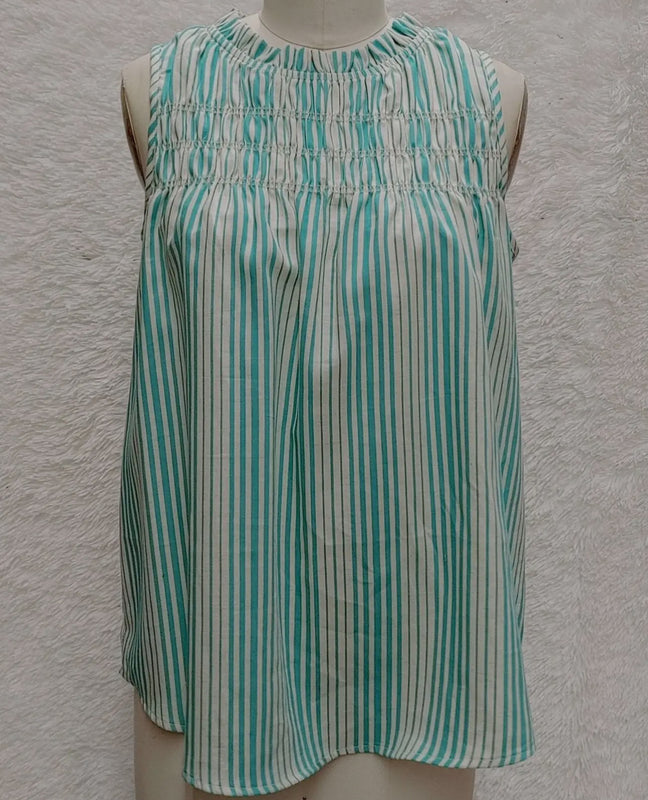 Mint Front Shirringed Linen Stripe Blouse