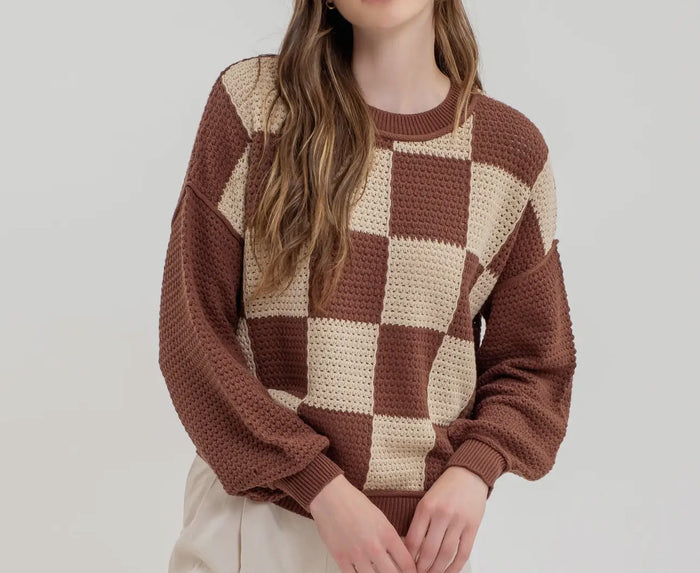 Brown Checkered Crochet Knit Sweater