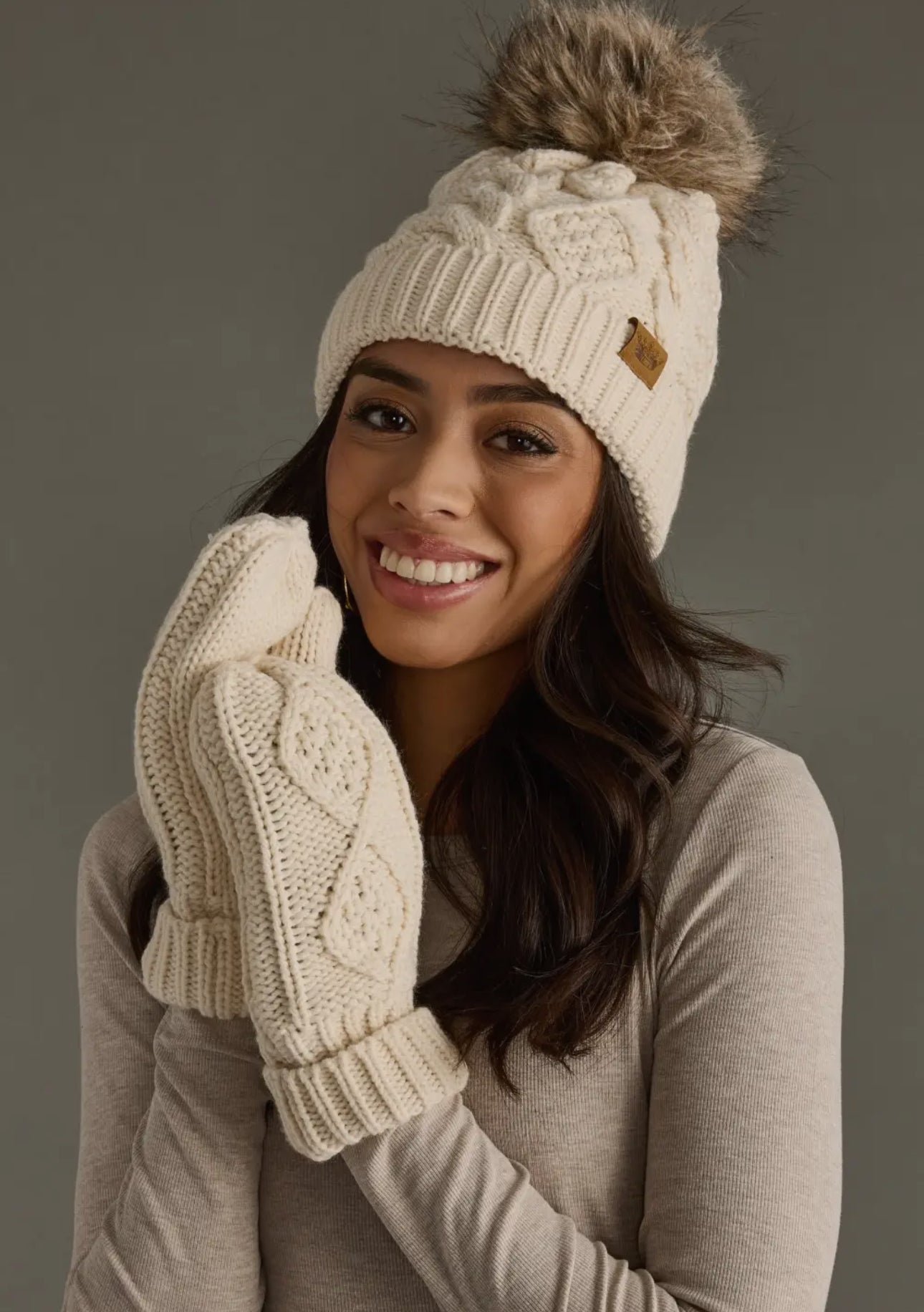 Beige Cable Knit Pom Hat