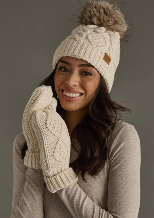 Beige Cable Knit Pom Hat