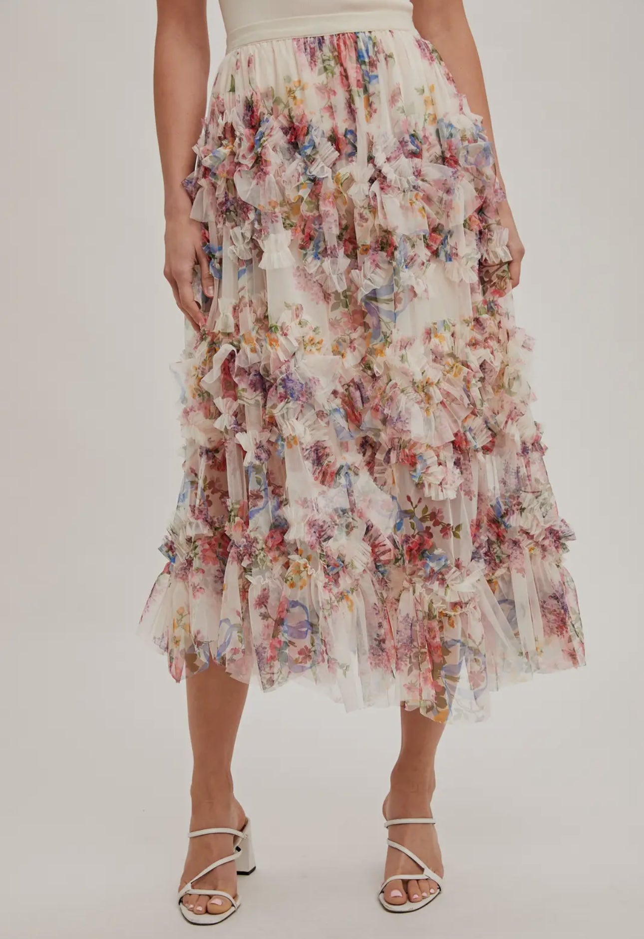 Ruffled Floral Midi Skirt