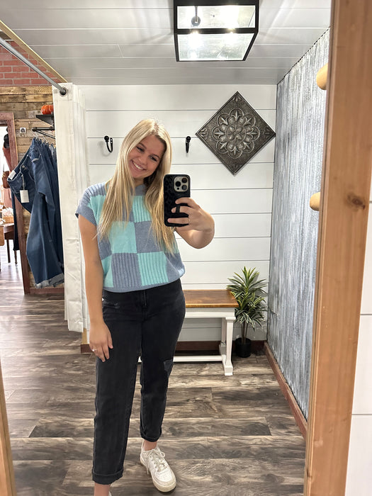 Light Blue/Denim Check Plaid Casual Sweater Top