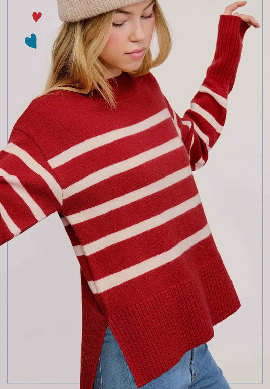 Candy Cane Mock Neck Dolman Sleeve Loose Fit Sweater