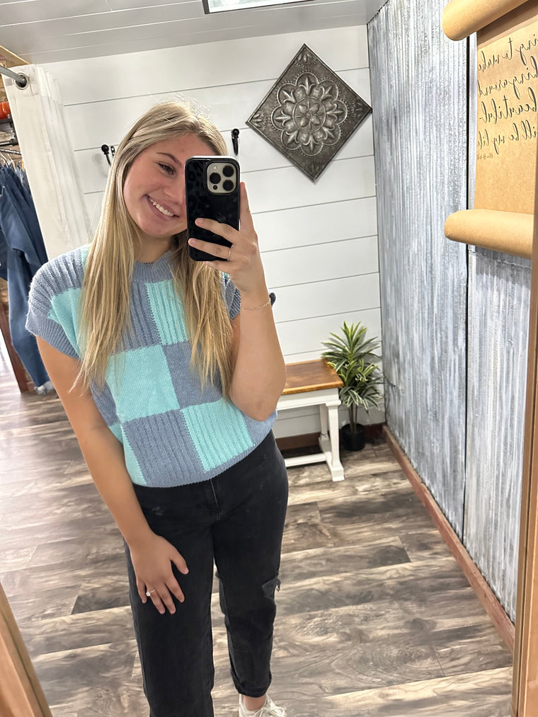 Light Blue/Denim Check Plaid Casual Sweater Top