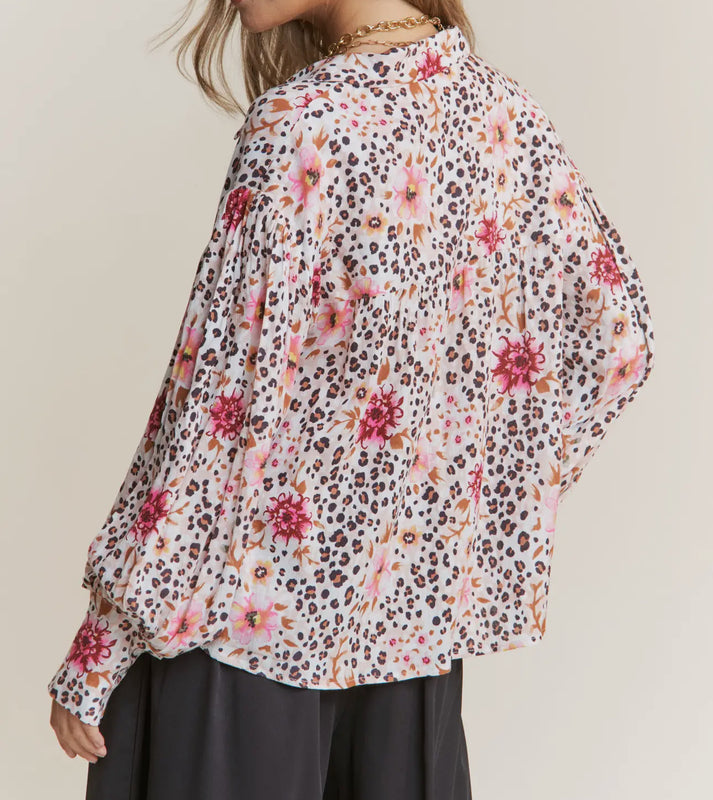 Leopard & Floral Print Chic Button Down Top