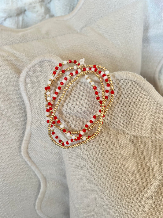 Set of 4 Red & White Glass & Gold Stretch Bracelets