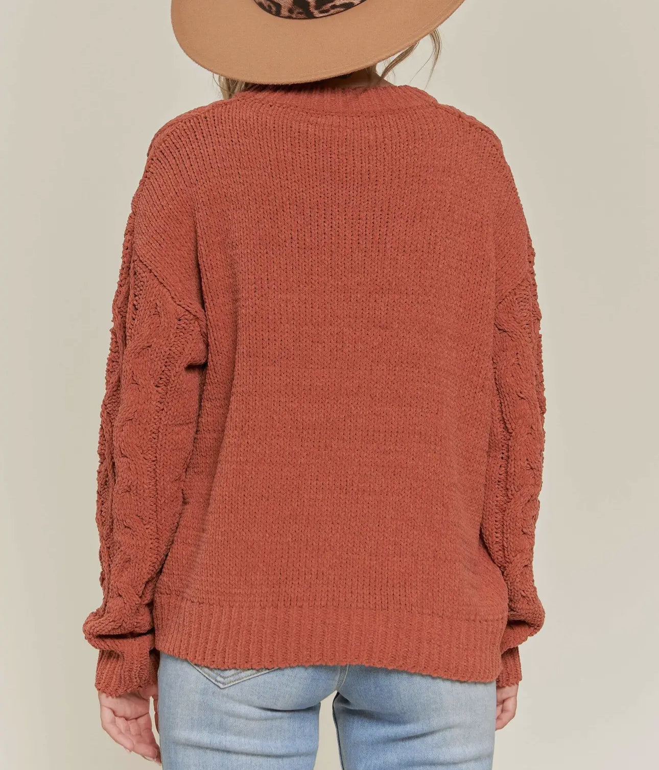 Rust Cable Knit Crew Sweater