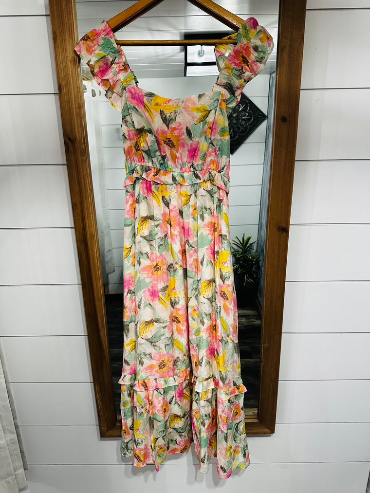 Ivory Floral Ruffle Midi Dress