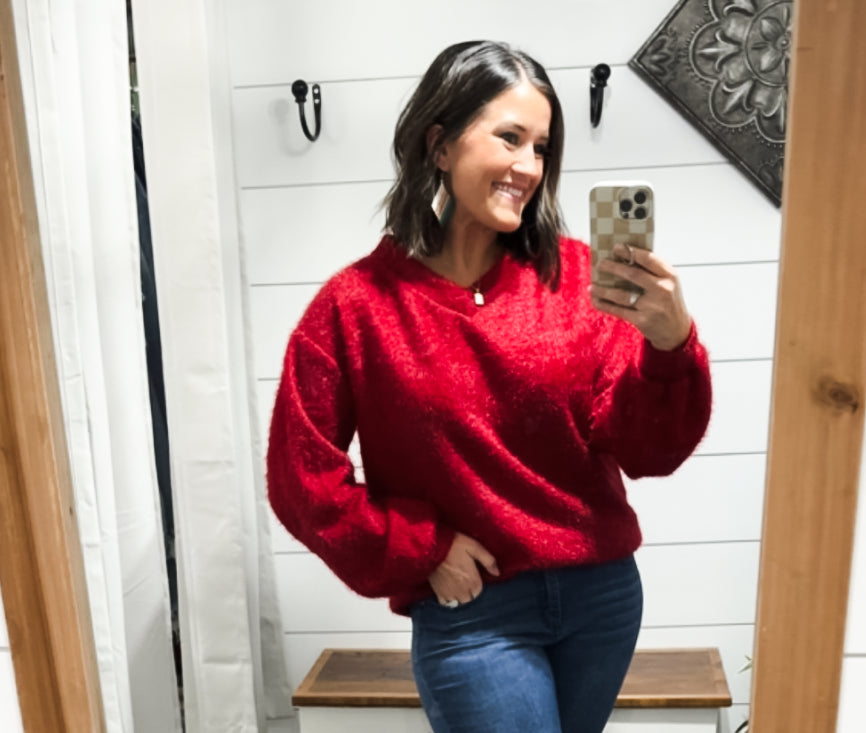 Holiday Red Fuzzy V-Neck Sweater