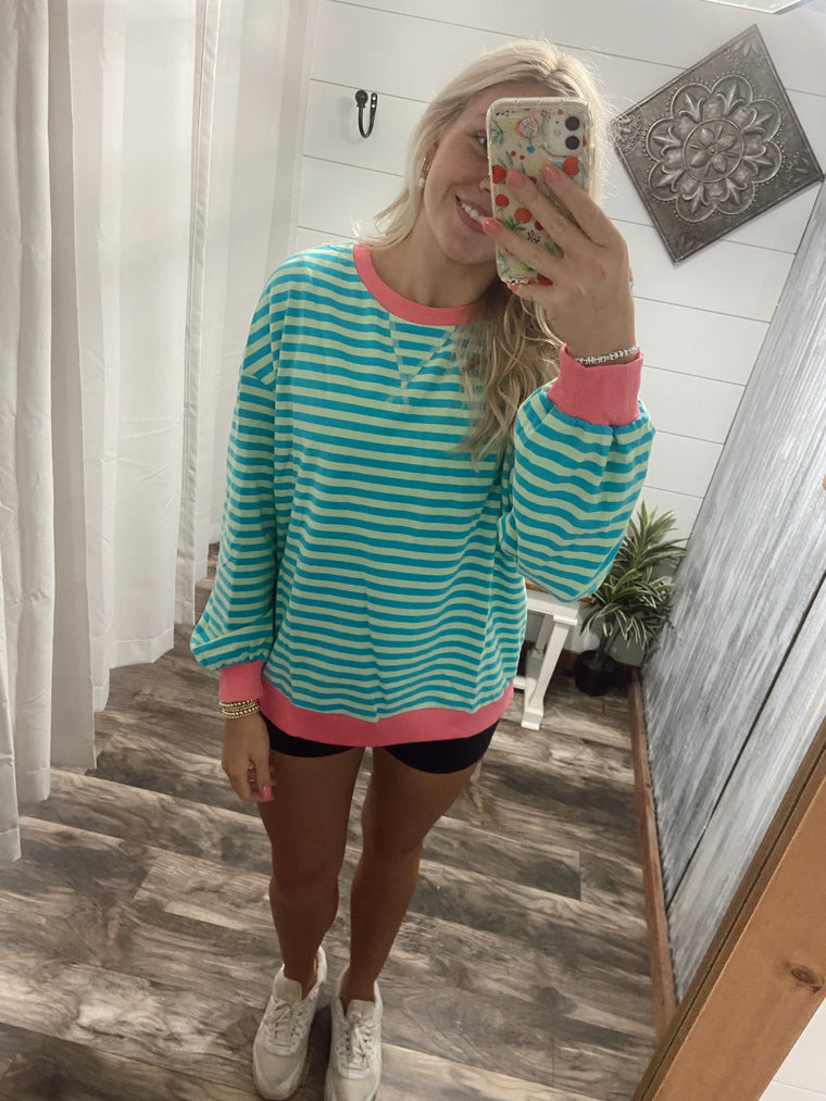 Sky Blue Oversized Stripe Pullover Sweatshirt