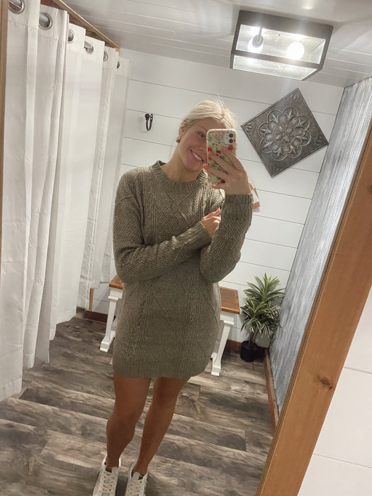 Misty Green Cable Knit Sweater Dress