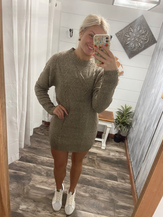 Misty Green Cable Knit Sweater Dress