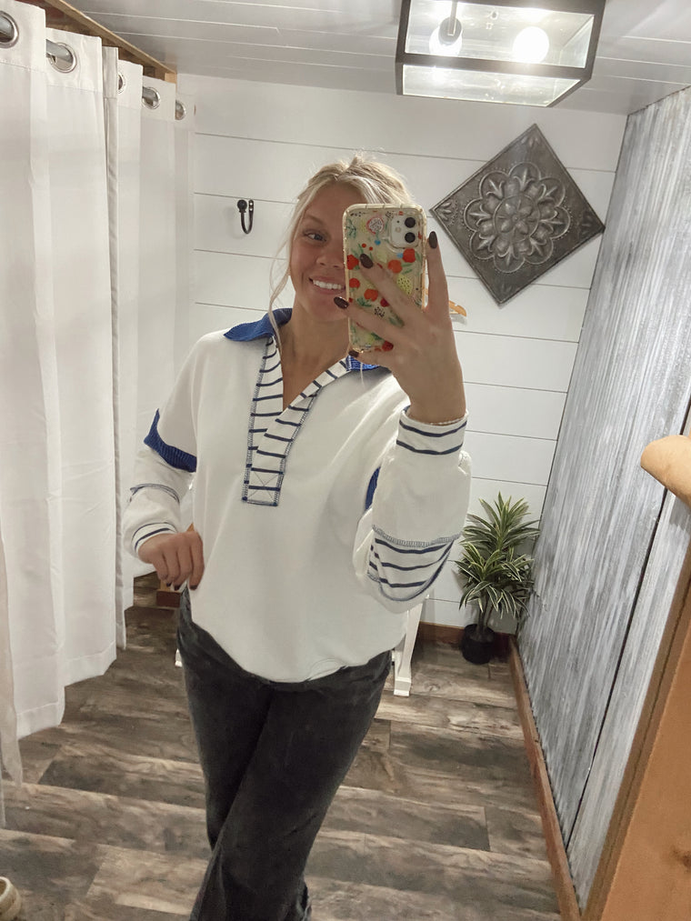 Royal Blue Stripe Contrast Top