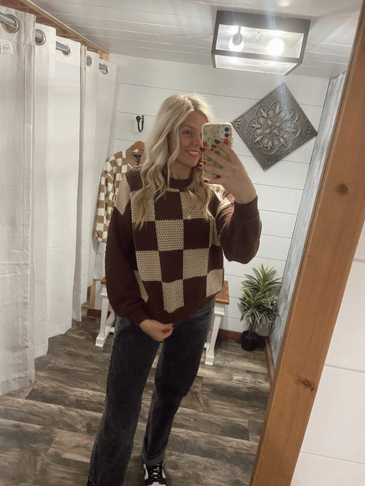 Brown Checkered Crochet Knit Sweater