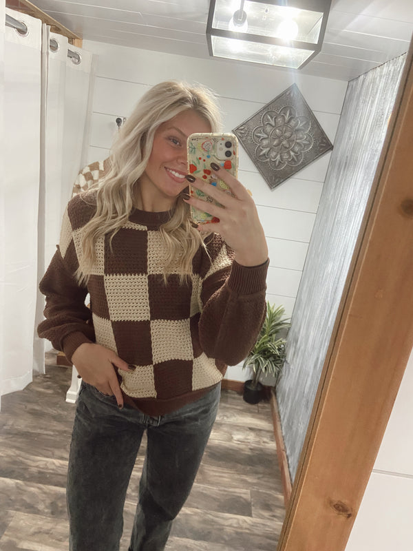 Brown Checkered Crochet Knit Sweater