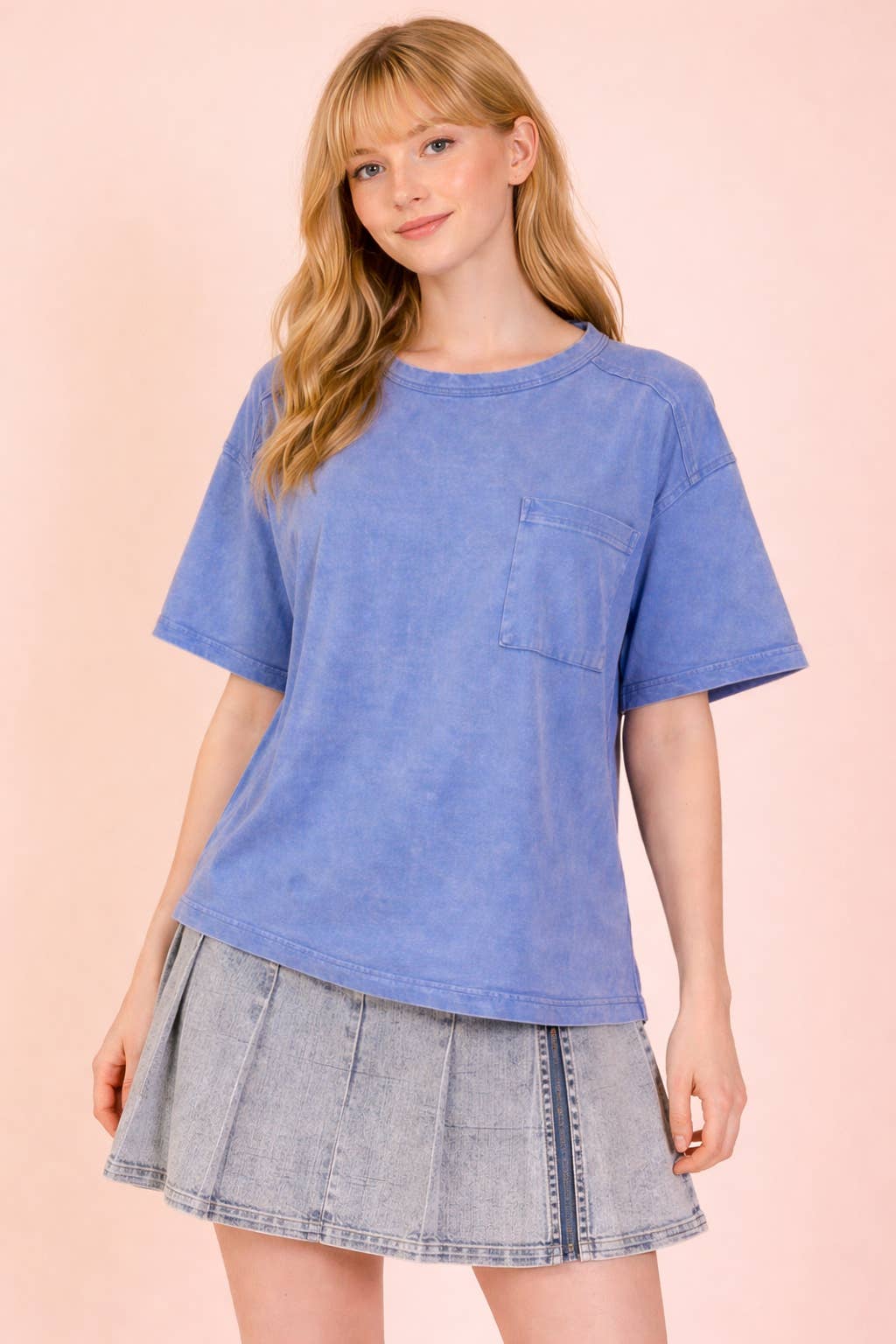 Blue Mineral Washed Knit Top with Pocket