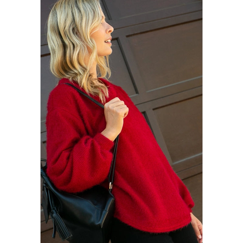 Holiday Red Fuzzy V-Neck Sweater