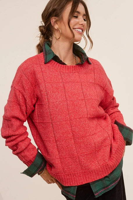 Red Ribbon Windowpane Two Tone Sweater